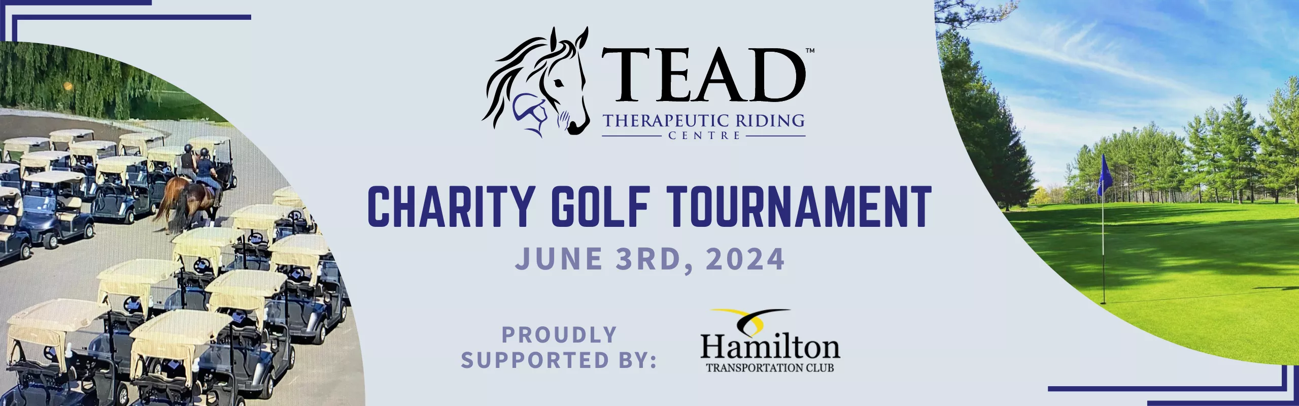Charity golf tournament for TEAD, a beautiful golf course on a sunny day and two people on horseback riding through lines of parked golf carts. 